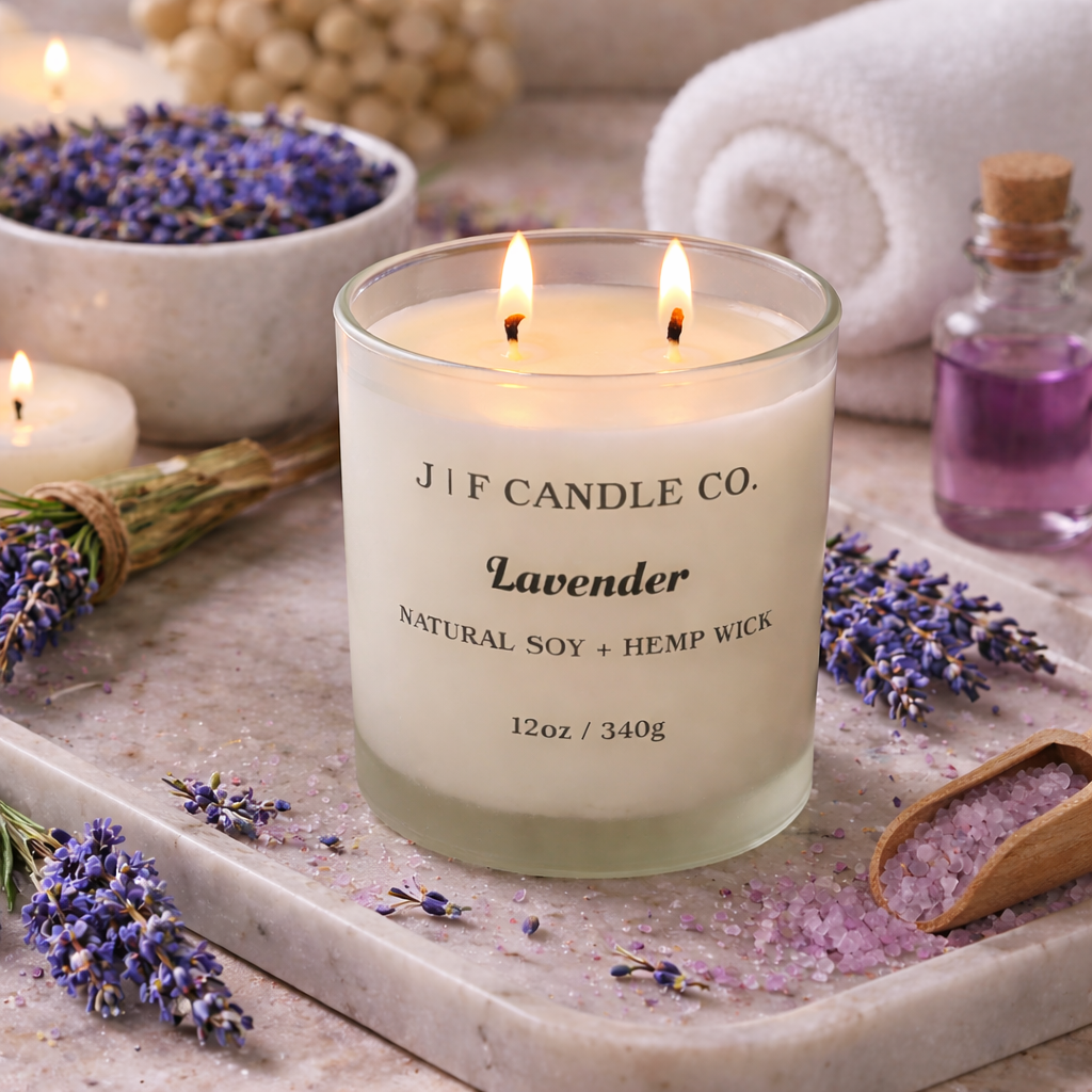 Luxury lavender soy candle by J | F Candle Co with double lit wicks in frosted glass jar, styled with lavender flowers, bath salts, and spa elements on a marble surface