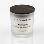 Lavender soy candle in frosted glass jar with wooden lid, clean-burning natural soy wax with hemp wick by J | F Candle Co, 12oz luxury candle with soft reflection