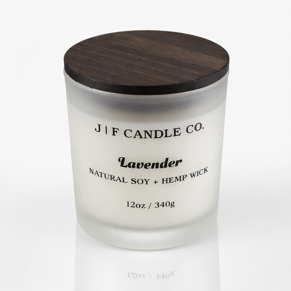 Lavender soy candle in frosted glass jar with wooden lid, clean-burning natural soy wax with hemp wick by J | F Candle Co, 12oz luxury candle with soft reflection