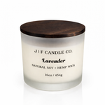 Lavender soy candle in frosted glass jar with wooden lid, clean-burning natural soy wax with hemp wick by J | F Candle Co, 16oz luxury candle with soft reflection