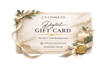 Luxury J | F Candle Co. digital gift card with elegant neutral design, gold accents, ribbon detail, candle accent, and JF wax seal, delivered instantly by email and redeemable online.