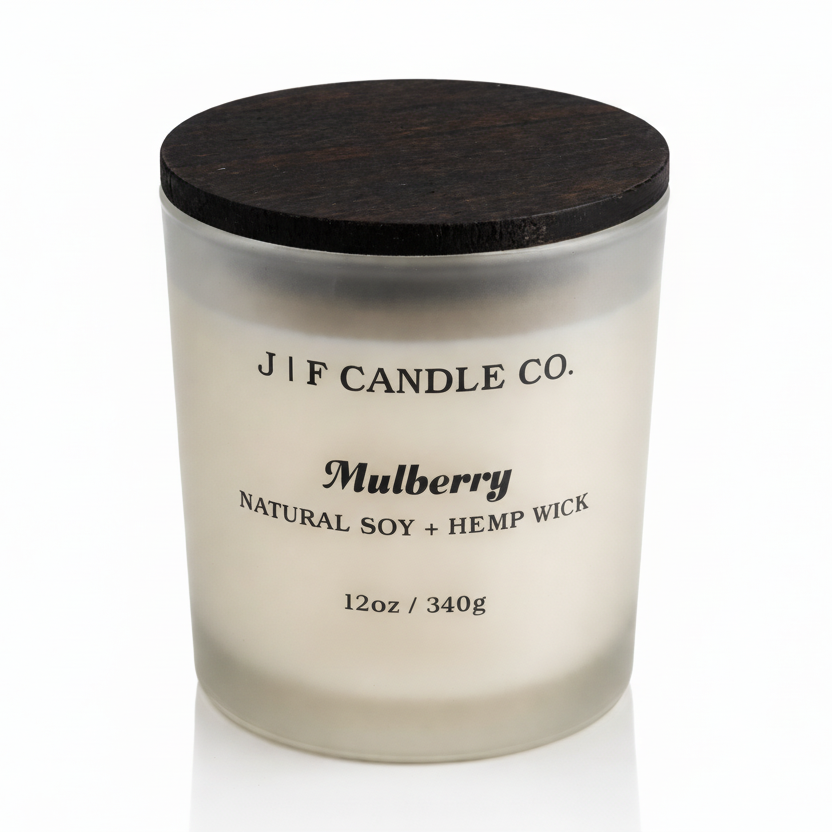 J | F Candle Co Mulberry luxury soy candle in 12oz frosted glass jar with wooden lid and soft reflection, clean-burning hemp wick candle