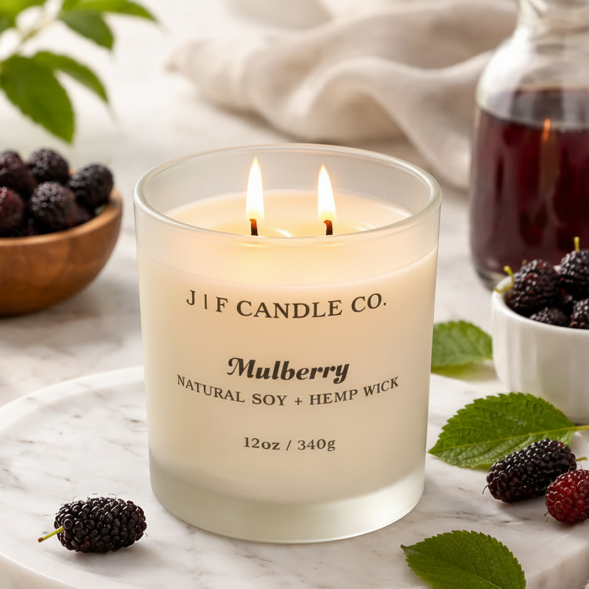 J | F Candle Co. Mulberry luxury soy candle in a frosted glass jar, lit and styled on a white marble tray with fresh mulberries and green leaves.