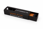 J | F Candle Co premium black matchbox with sliding drawer open showing wooden matches on clean white background