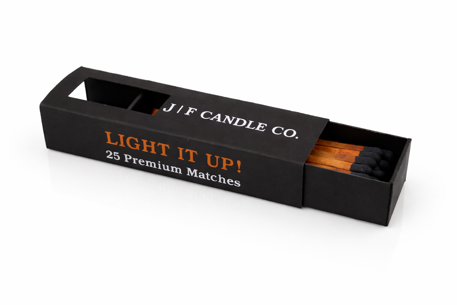 J | F Candle Co premium black matchbox with sliding drawer open showing wooden matches on clean white background