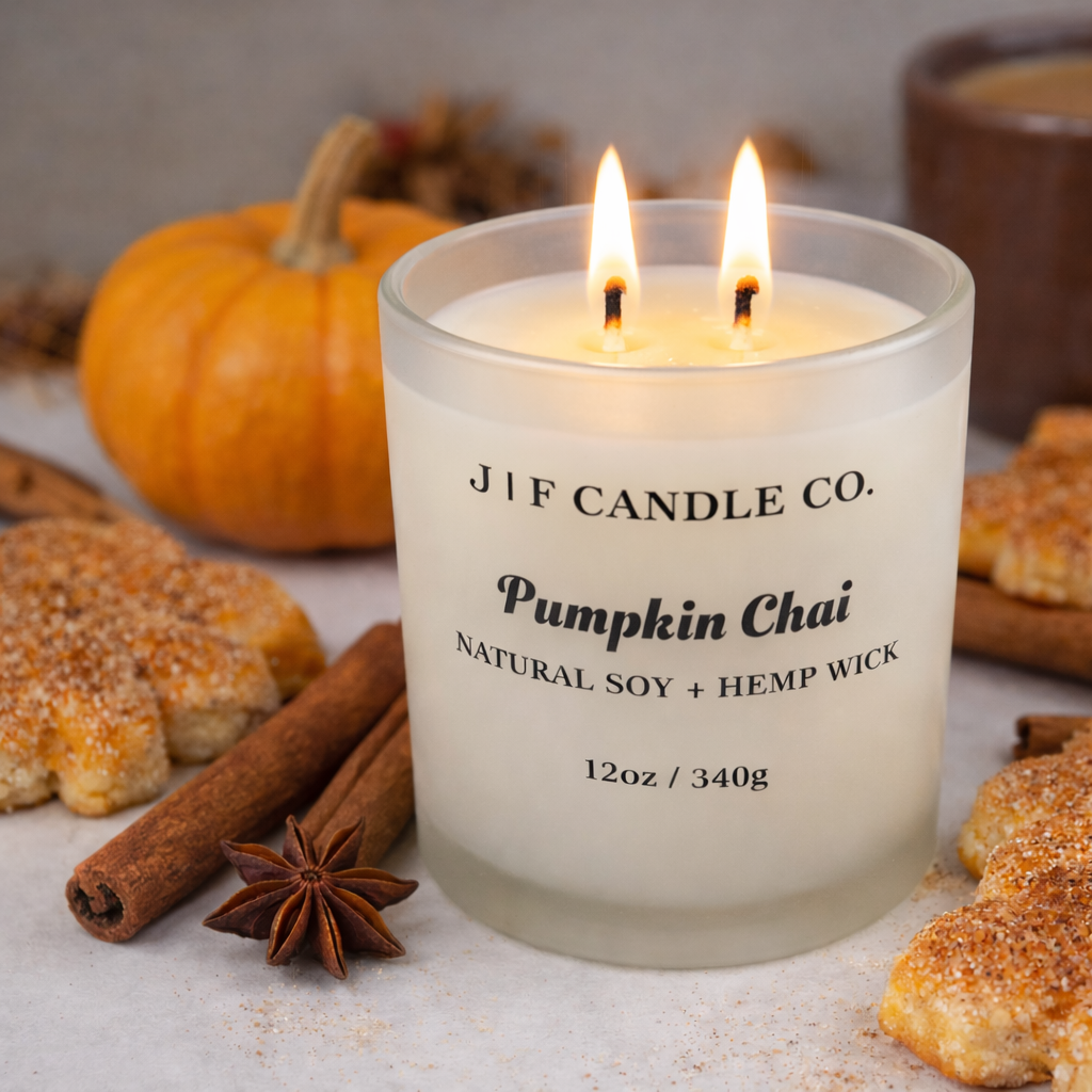 J | F Candle Co Pumpkin Chai soy candle 12oz with double wick lit, styled with cinnamon sticks, star anise, pumpkin, and spiced cookies in a warm luxury fall setting