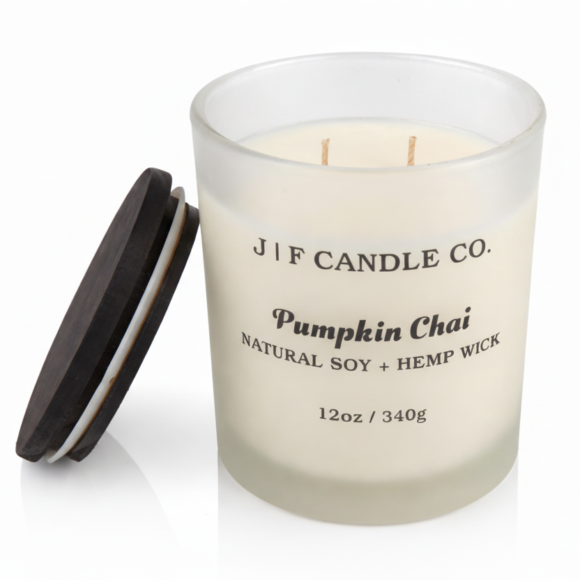 J | F Candle Co. Pumpkin Chai 12 oz frosted glass soy candle with black wooden lid placed beside the jar on a clean white background with a soft reflection.