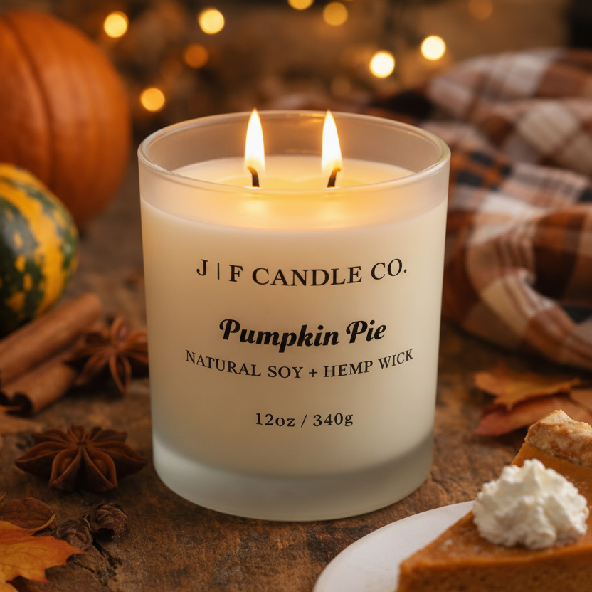 J | F Candle Co Pumpkin Pie soy candle with lit wick in a warm autumn lifestyle setting with pumpkins, spices, and dessert accents
