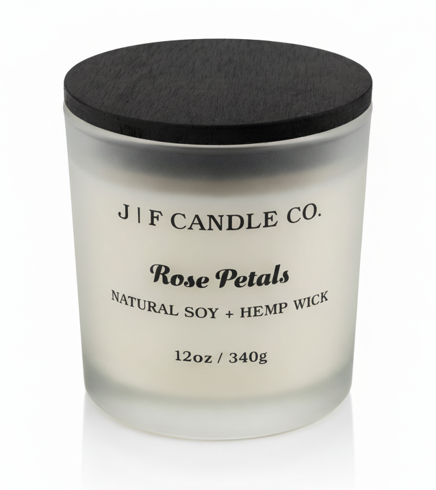 J | F Candle Co Rose Petals 12oz luxury soy candle in frosted glass jar with wooden lid, clean minimalist product photo with soft reflection