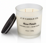Rose Petals soy candle by J | F Candle Co in a frosted glass jar with wooden lid beside candle, clean burning natural soy wax with soft reflection on white background