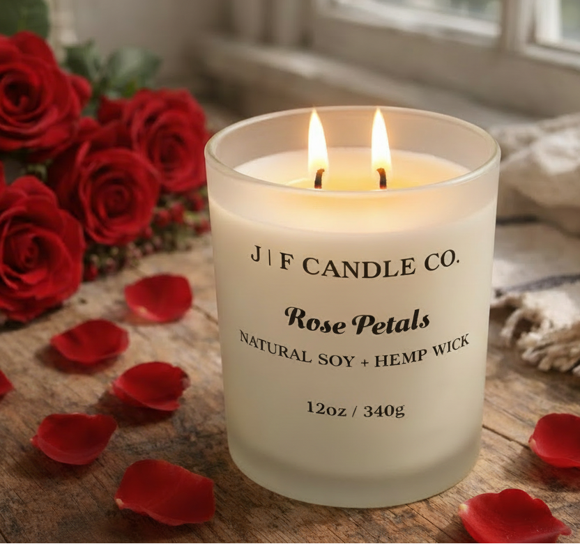 J | F Candle Co. Rose Petals soy candle 12oz with lit wick on rustic wooden surface with red roses and scattered petals in a natural cozy setting