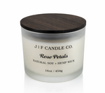 J | F Candle Co Rose Petals 16oz luxury soy candle in frosted glass jar with wooden lid, clean minimalist product photo with soft reflection