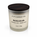 Luxury Snickerdoodle soy candle by J | F Candle Co. in frosted glass jar with wood lid, 12 oz clean-burning candle with soft reflection