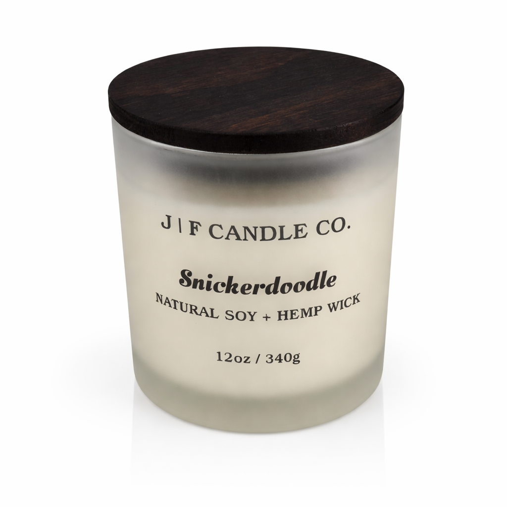 Luxury Snickerdoodle soy candle by J | F Candle Co. in frosted glass jar with wood lid, 12 oz clean-burning candle with soft reflection