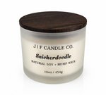 Luxury Snickerdoodle soy candle by J | F Candle Co. in frosted glass jar with wood lid, 16 oz clean-burning candle with soft reflection