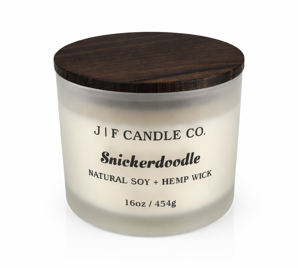 Luxury Snickerdoodle soy candle by J | F Candle Co. in frosted glass jar with wood lid, 16 oz clean-burning candle with soft reflection