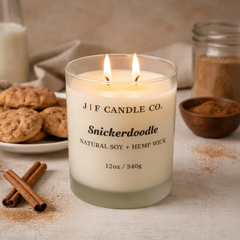 J F Candle Co Snickerdoodle soy candle with lit wick on warm kitchen background with cinnamon sticks and freshly baked cookies