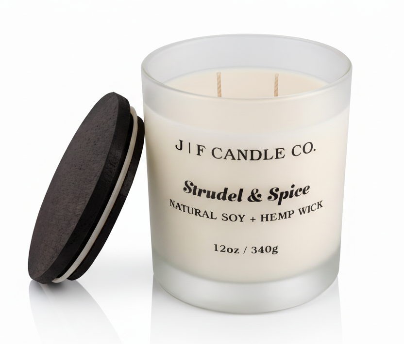 Strudel & Spice soy candle by J | F Candle Co in frosted glass jar with wooden lid, clean product photo with soft reflection