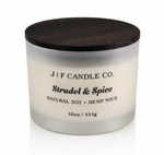 Strudel & Spice soy candle by J | F Candle Co in frosted glass jar with wooden lid, 16 oz clean product photo with soft reflection
