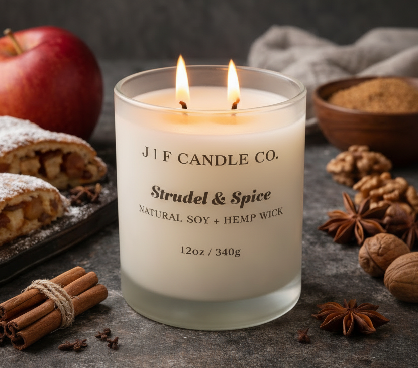 Strudel & Spice soy candle by J | F Candle Co with lit wick, styled with apple strudel, cinnamon sticks, and warm spice elements on a rustic surface