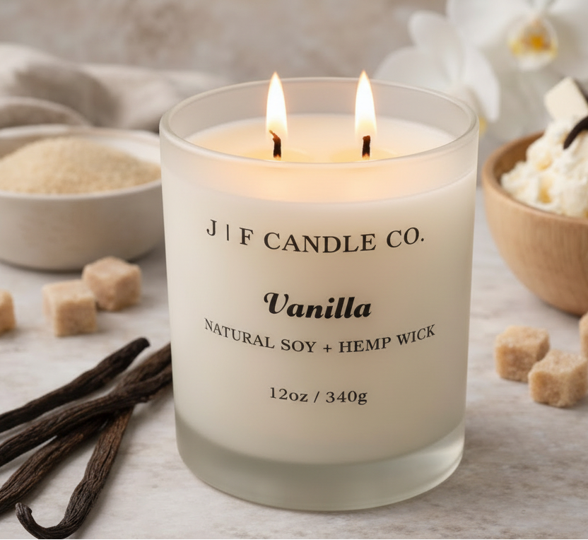 Vanilla soy candle by J | F Candle Co with lit wick, styled with vanilla beans, sugar cubes, and soft neutral spa-inspired background