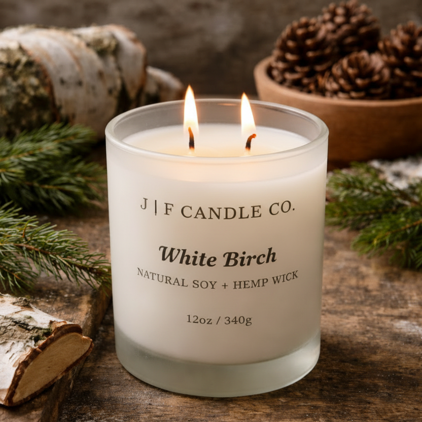 White Birch soy candle by J | F Candle Co with lit wick, styled with birch wood, evergreen branches, and pinecones on a rustic wood surface