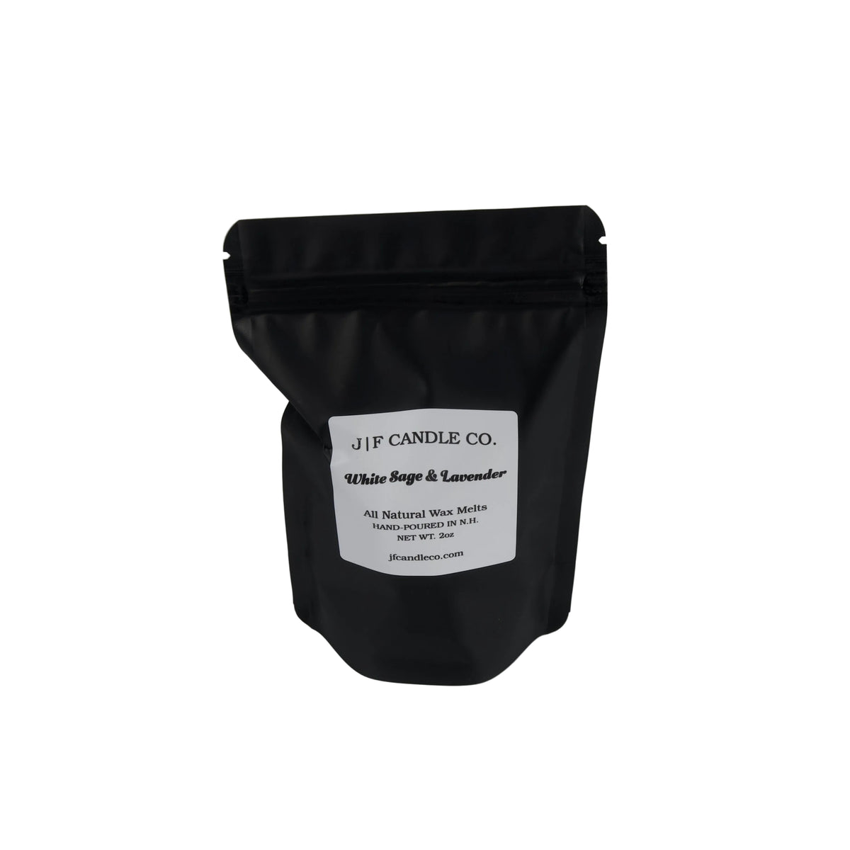 White Sage & Lavender 2 oz soy wax melt package by J | F Candle Co in black resealable packaging on a white background