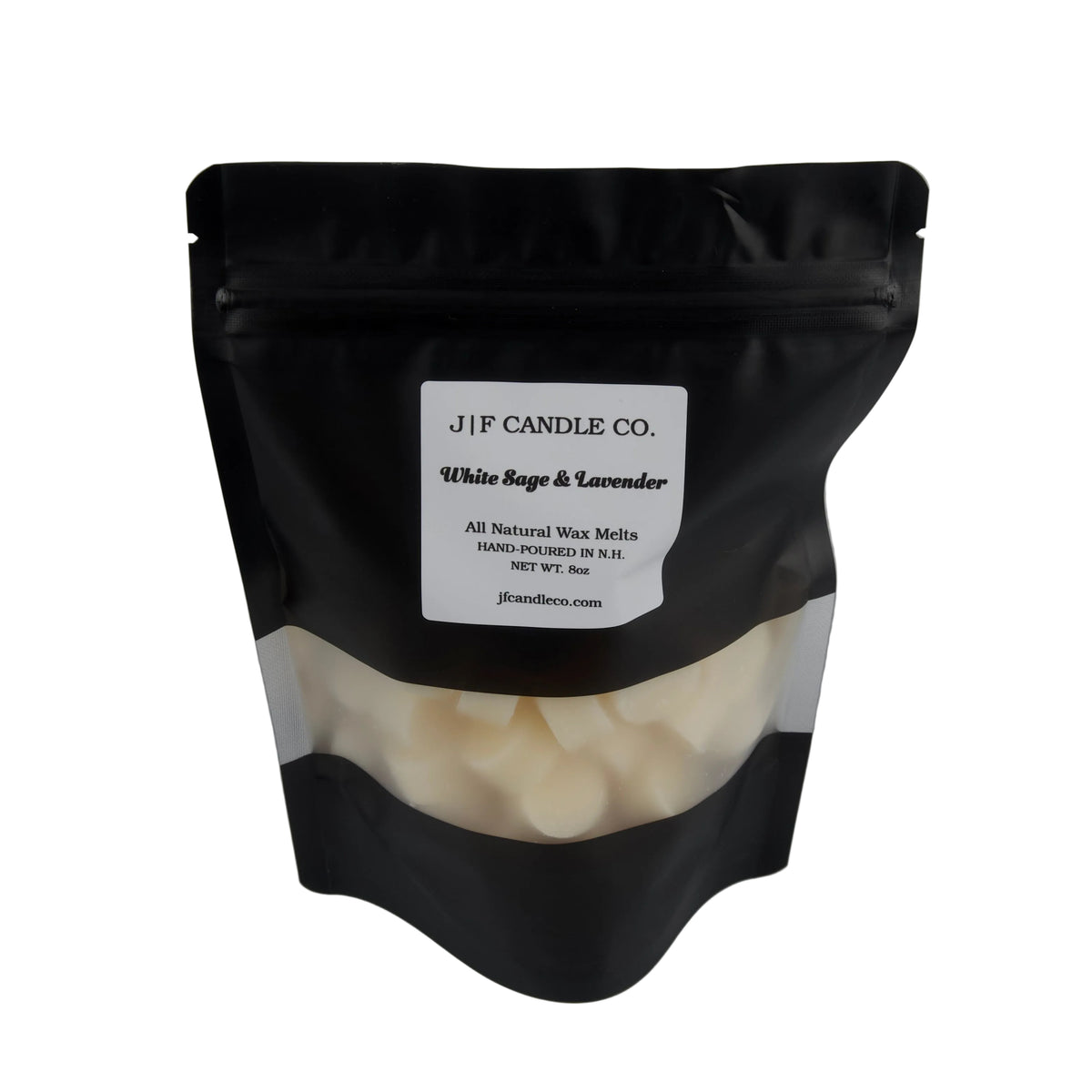 White Sage & Lavender 8 oz soy wax melt package by J | F Candle Co in black resealable packaging on a gray background