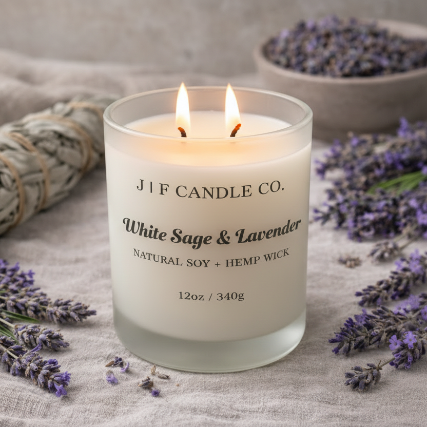 White Sage & Lavender soy candle by J | F Candle Co with lit wick, styled with dried sage bundle and fresh lavender on a soft neutral stone surface