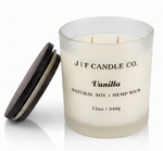 Vanilla soy candle in frosted glass jar with hemp wick by J F Candle Co, 12 oz clean-burning luxury candle with wooden lid and soft reflection
