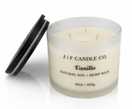 Vanilla soy candle in frosted glass jar with three hemp wicks by J F Candle Co, 16 oz clean-burning luxury candle with wooden lid and soft reflection