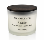 Vanilla soy candle in frosted glass jar with wooden lid by J F Candle Co, 16 oz clean-burning luxury candle with soft reflection