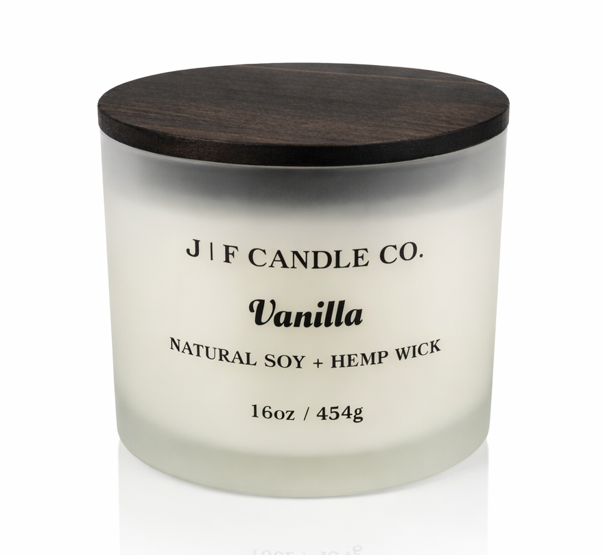 Vanilla soy candle in frosted glass jar with wooden lid by J F Candle Co, 16 oz clean-burning luxury candle with soft reflection