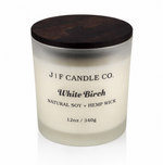 White Birch soy candle in frosted glass jar with wooden lid by J F Candle Co, 12 oz clean-burning luxury candle with soft reflection