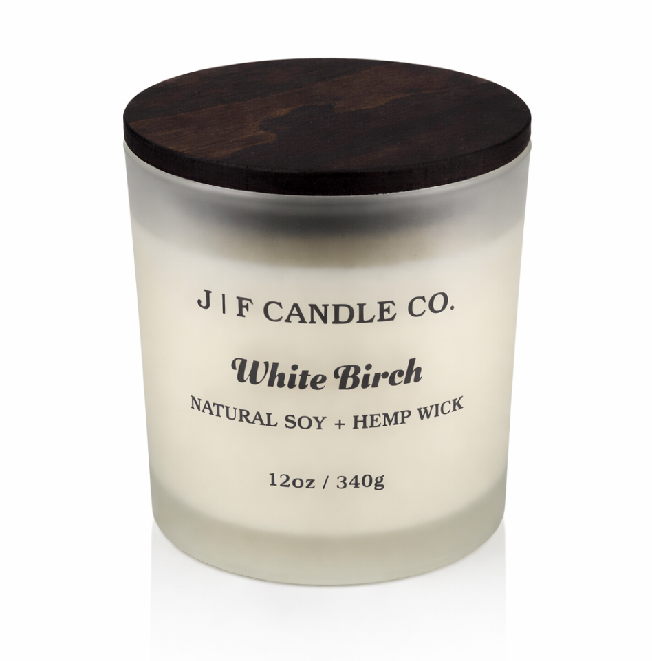 White Birch soy candle in frosted glass jar with wooden lid by J F Candle Co, 12 oz clean-burning luxury candle with soft reflection