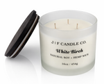 White Birch soy candle in frosted glass jar with three hemp wicks and lid off by J F Candle Co, 16 oz clean-burning luxury candle with soft reflection