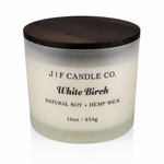 White Birch soy candle in frosted glass jar with wooden lid by J F Candle Co, 16 oz clean-burning luxury candle with soft reflection