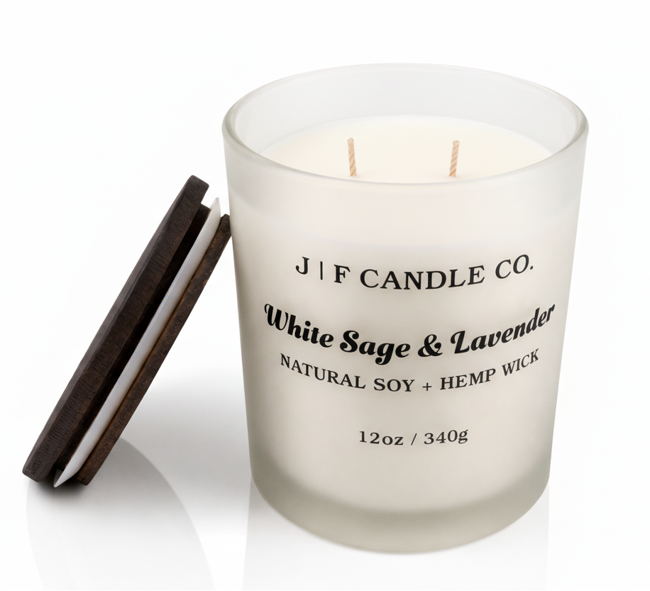 White Sage & Lavender soy candle by J | F Candle Co. in frosted glass jar with wooden lid beside it, clean white background with soft reflection, hand-poured luxury candle