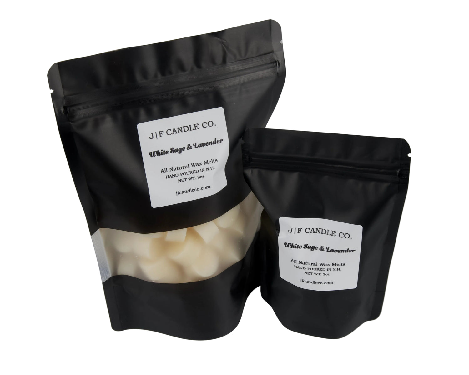 White Sage & Lavender wax melts by J | F Candle Co. in black resealable pouches, large and small sizes with visible soy wax cubes, clean white background with soft reflection